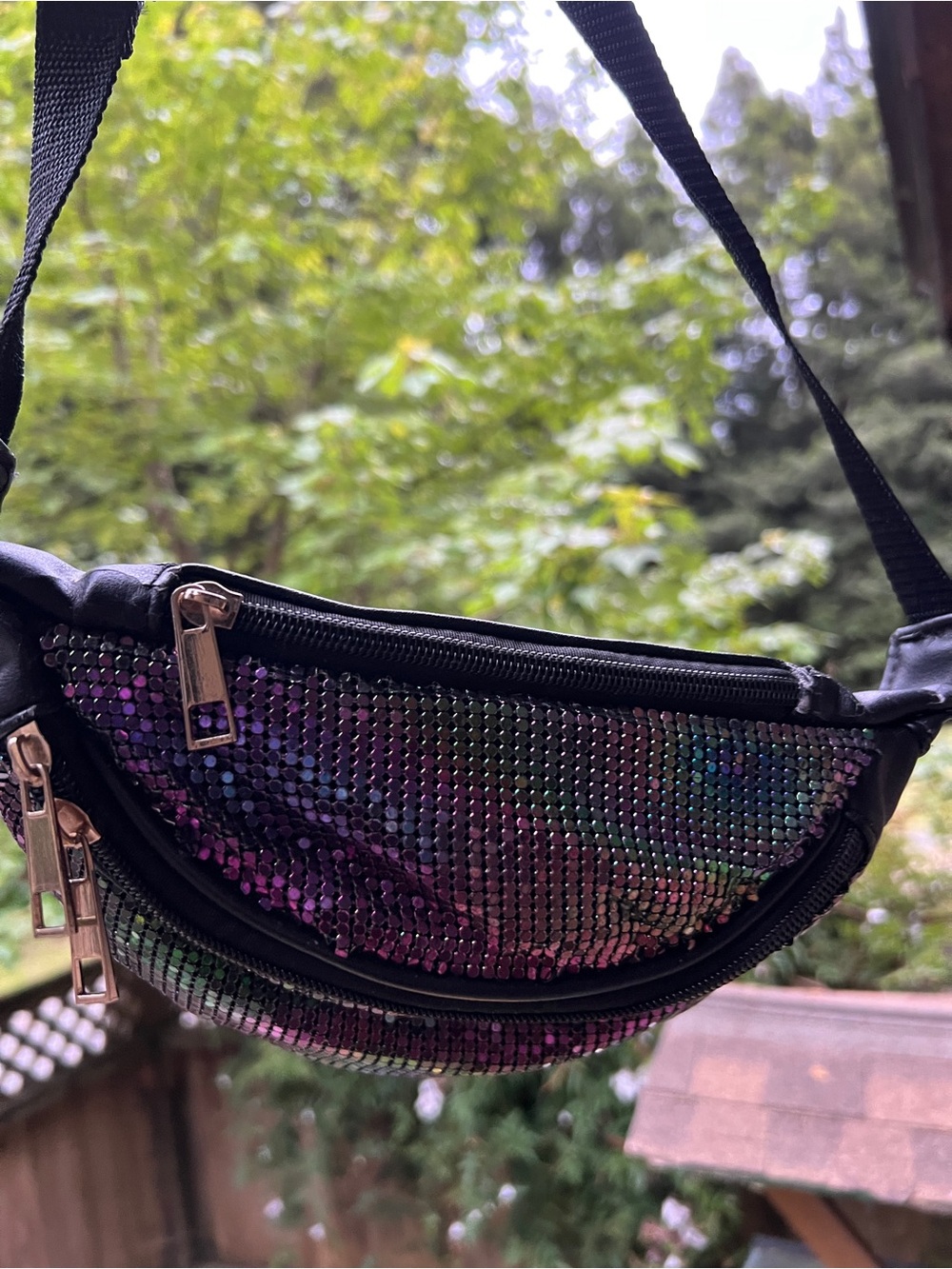 Sequin Oil Slick Multi Tone Leather Adjustable Waist Purse Fanny Pack Hip Bag - Picture 8 of 12